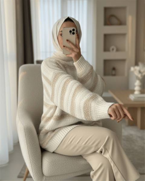Kalın Çizgi Desenli Örme Triko Kazak -Beyaz-Kazak-385-3559-R02