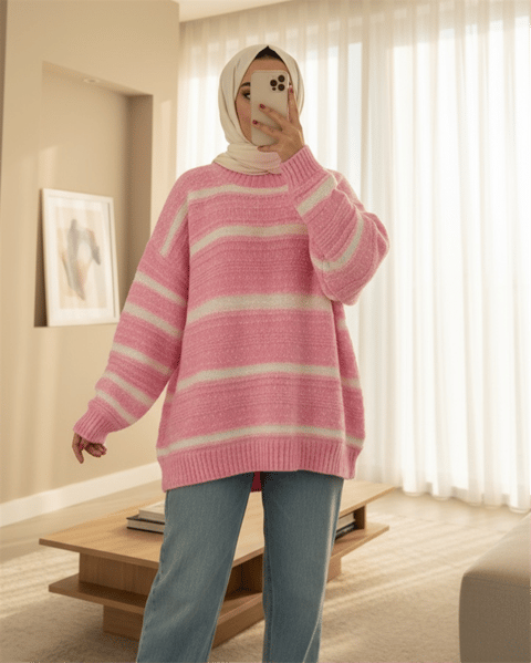 Kalın Çizgi Desenli Örme Triko Kazak -Pembe-Kazak-385-3559-R20