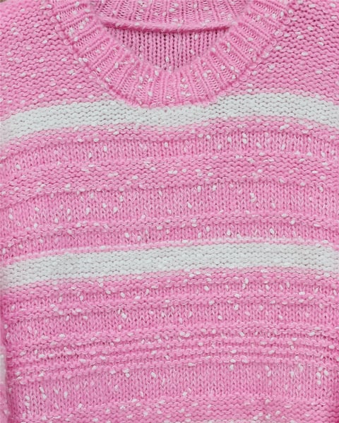 Kalın Çizgi Desenli Örme Triko Kazak -Pembe-Kazak-385-3559-R20