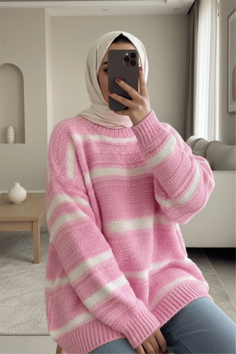 Kalın Çizgi Desenli Örme Triko Kazak -Pembe-Kazak-385-3559-R20