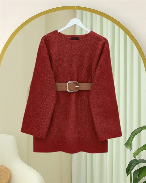 Kalın Kemerli Buklet Kazak  -Bordo-Kazak-253-13129-R04