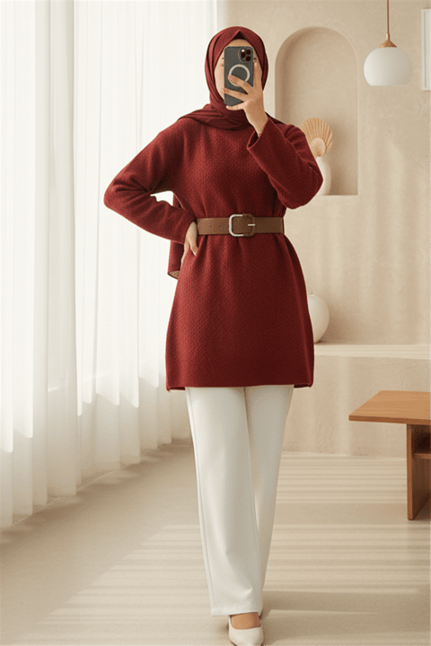 Kalın Kemerli Buklet Kazak  -Bordo-Kazak-253-13129-R04