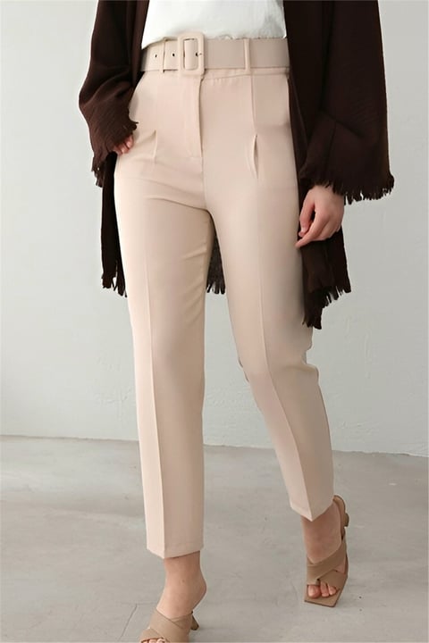 Kalın Kemerli Kumaş Pantalon   -Krem-Pantolon-186-055-R28