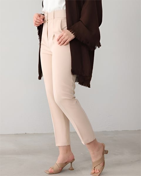 Kalın Kemerli Kumaş Pantalon   -Krem-Pantolon-186-055-R28