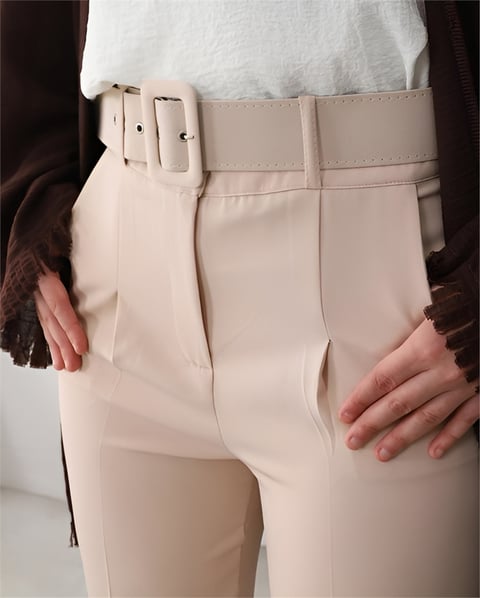 Kalın Kemerli Kumaş Pantalon   -Krem-Pantolon-186-055-R28