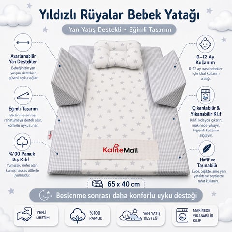 KaliteMall Yıldızlı Rüyalar Bebek Reflü Yatağı  - Gri Yıldızlı-Koruyucu Tekstil-KM-15330-R11