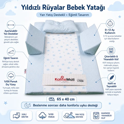 KaliteMall Yıldızlı Rüyalar Bebek Reflü Yatağı  - Mavi Yıldızlı-Koruyucu Tekstil-KM-15330-R31