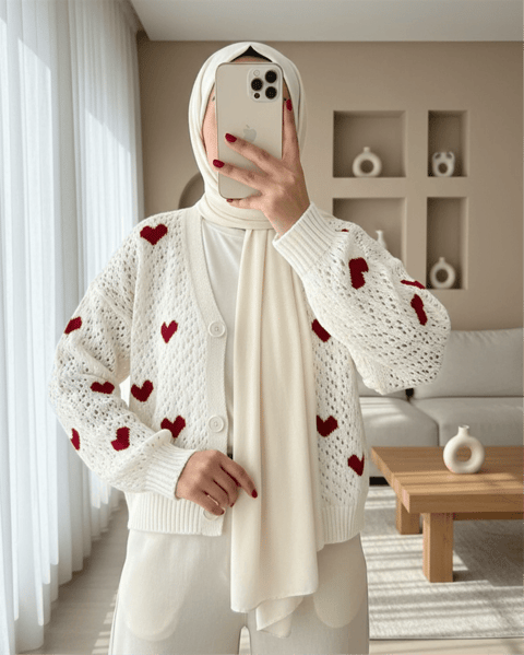 كارديجان تريكو مخرم بأزرار على شكل قلب - إكرو-Triko Hırka-109-0423-R07