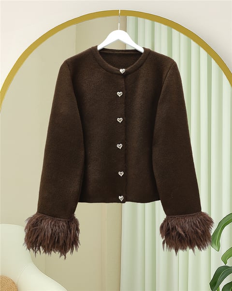Kalp Düğmeli Kolu Saçaklı Triko Hırka -K. Kahve-Hırka-307-07380-R54