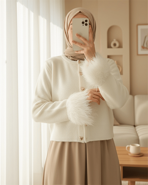 Kalp Düğmeli Kolu Saçaklı Triko Hırka -Ekru-Hırka-307-07380-R07