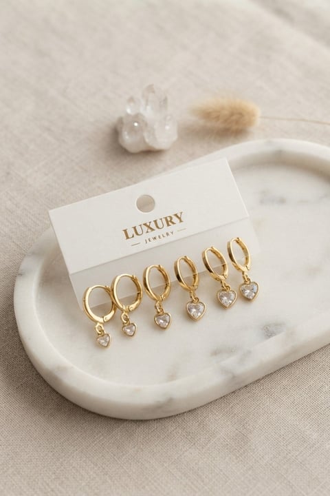 Kalp Zirkon Taşlı Gold Renk Pirinç Set Küpe