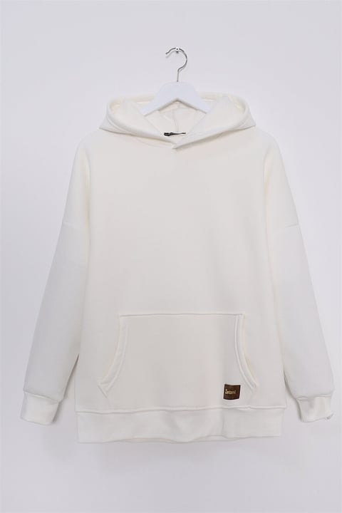 Kanguru Cepli Kapşonlu Armalı Sweat -Ekru-Kapşonlu Sweatshirt-357-3046-R07