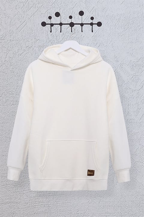 Kanguru Cepli Kapşonlu Armalı Sweat -Ekru-Kapşonlu Sweatshirt-357-3046-R07