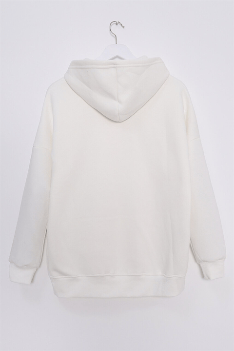 Kanguru Cepli Kapşonlu Armalı Sweat -Ekru-Kapşonlu Sweatshirt-357-3046-R07