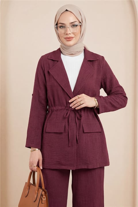 Kapaklı Tünel Köprülü Ceketli Keten Takım     -Bordo-Takım-349-4063-R04
