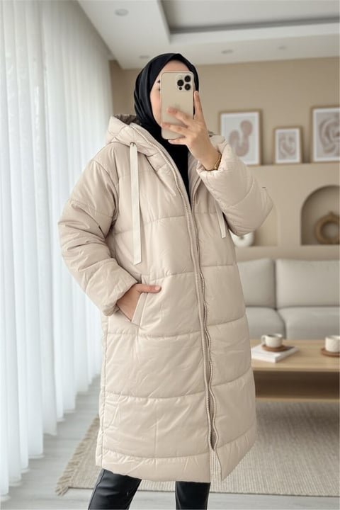 Kapşonlu Bağcık Detaylı Fermuarlı Şişme Mont -Ekru-Mont-246-8234-R07
