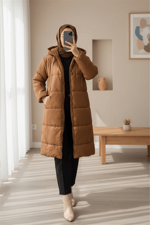 Kapşonlu Bağcık Detaylı Fermuarlı Şişme Mont -Taba-Mont-246-8234-R12