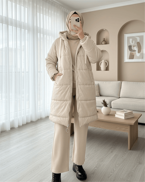 Kapşonlu Bağcık Detaylı Fermuarlı Şişme Mont -Ekru-Mont-246-8234-R07