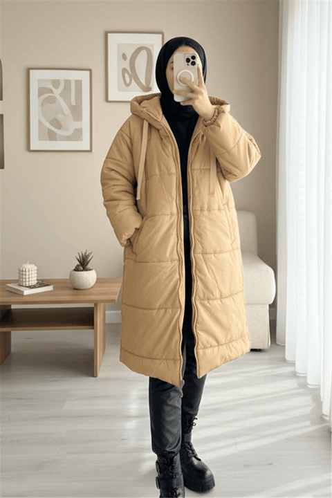 Kapşonlu Bağcık Detaylı Fermuarlı Şişme Mont -Vizon-Mont-246-8234-R23