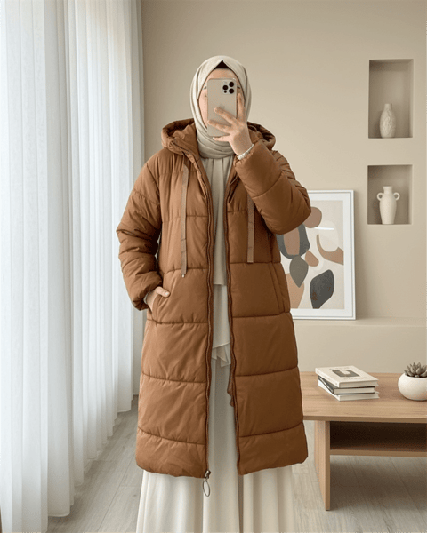 Kapşonlu Bağcık Detaylı Fermuarlı Şişme Mont -Taba-Mont-246-8234-R12