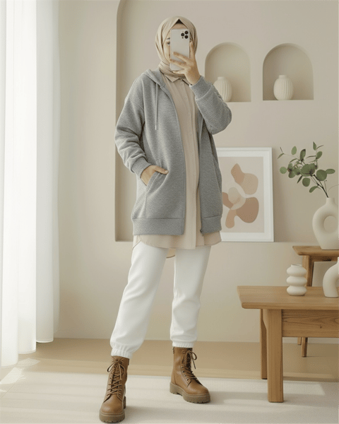 Kapşonlu Cepli Fermuarlı Penye Polar -Gri-Sweatshirt-104-1397-R11
