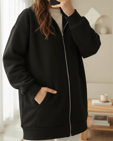 Kapşonlu Cepli Fermuarlı Penye Polar -Siyah-Sweatshirt-104-1397-R01