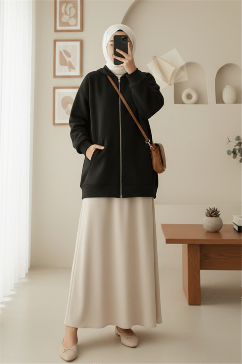 Kapşonlu Cepli Fermuarlı Penye Polar -Siyah-Sweatshirt-104-1397-R01