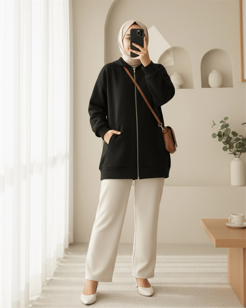 Kapşonlu Cepli Fermuarlı Penye Polar -Siyah-Sweatshirt-104-1397-R01