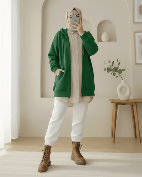 Sweatshirt-Kapşonlu Cepli Fermuarlı Şardonlu Sweat  -Zümrüt-104-1397-R17