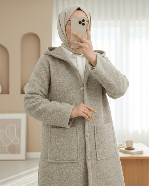 Kapşonlu Düğmeli Cepli Sakallı Kap  -Taş-Trençkot-349-8014-R43