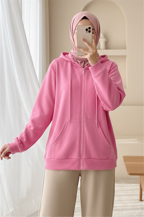 Kapşonlu Fermuarlı Cepli Penye Sweat  -Pembe-Sweatshirt-104-3293-R20