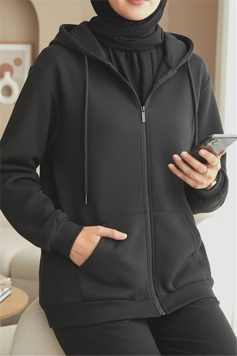 Kapşonlu Fermuarlı Cepli Penye Sweat -Siyah-Sweatshirt-104-3293-R01