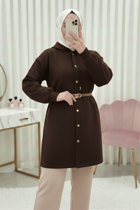 Kapşonlu Önü Çıtçıtlı Beli Kemerli Üç İplik Sweat Kap -Kahve-Trençkot-349-5295-R15