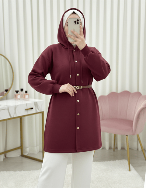 Kapşonlu Önü Çıtçıtlı Beli Kemerli Üç İplik Sweat Kap -Bordo-Trençkot-349-5295-R04