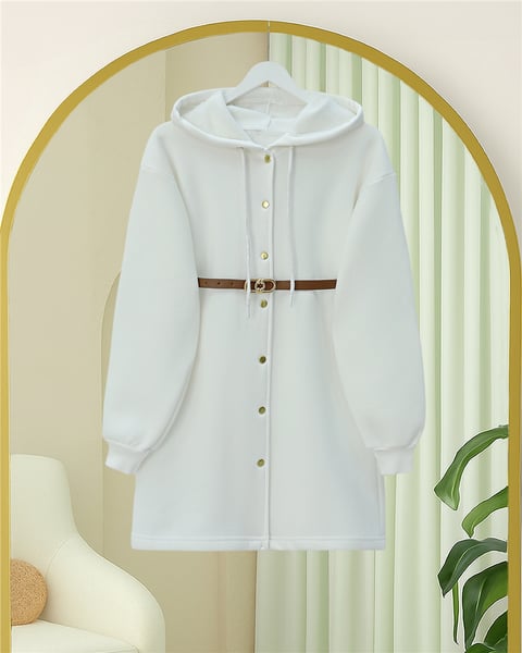 Kapşonlu Önü Çıtçıtlı Beli Kemerli Üç İplik Sweat Kap -Beyaz-Trençkot-349-5295-R02
