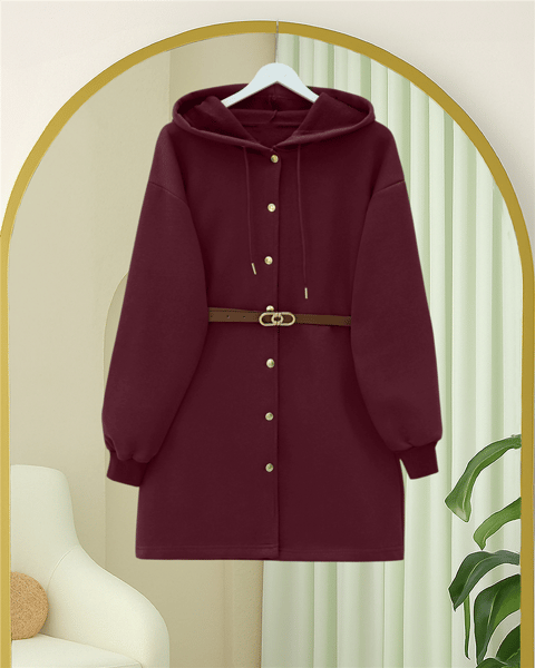 Kapşonlu Önü Çıtçıtlı Beli Kemerli Üç İplik Sweat Kap -Bordo-Trençkot-349-5295-R04