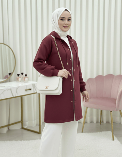 Kapşonlu Önü Çıtçıtlı Beli Kemerli Üç İplik Sweat Kap -Bordo-Trençkot-349-5295-R04