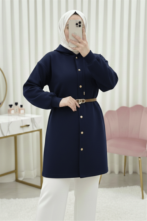 Kapşonlu Önü Çıtçıtlı Beli Kemerli Üç İplik Sweat Kap -Laci-Trençkot-349-5295-R03