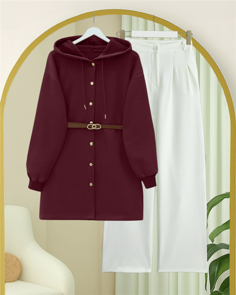 Kapşonlu Önü Çıtçıtlı Beli Kemerli Üç İplik Sweat Kap -Bordo-Trençkot-349-5295-R04