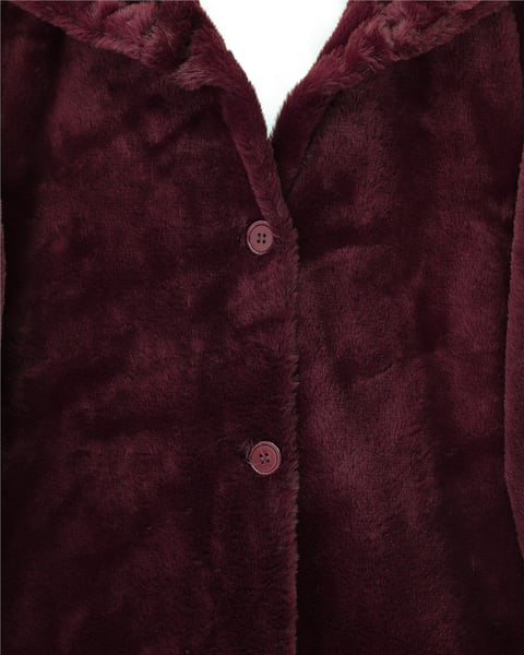 Kaban-Kapşonlu Önü Düğmeli Astarlı Peluş Kaban -Bordo-348-2166-R04