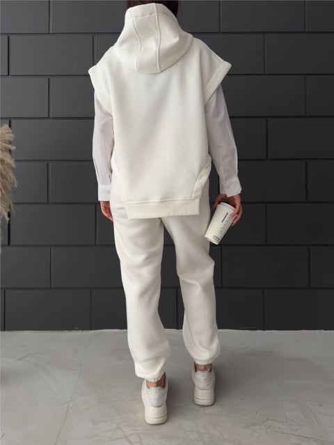 Kapüşonlu Üç İplik Şardonlu Pantolonlu Takım -Ekru-Takım-102-3119-R07