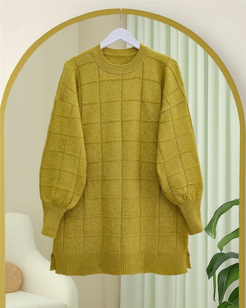 Kare Desenli Yırtmaçlı Yumoş Triko Tunik -Yağ Yeşili-Tunik-295-4510-R72