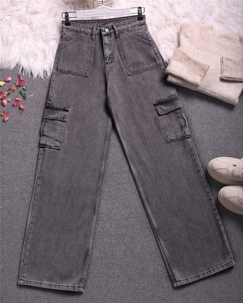 Kargo Cepli Bol Paça Kot Pantolon  -Füme-Kot Pantolon-318-4833-R18