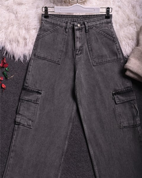Kargo Cepli Bol Paça Kot Pantolon  -Füme-Kot Pantolon-318-4833-R18