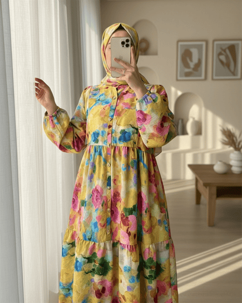 Karışık Desen Yarım Düğmeli Kolu Lastikli Elbise -Sarı-Elbise-197-67868-R22
