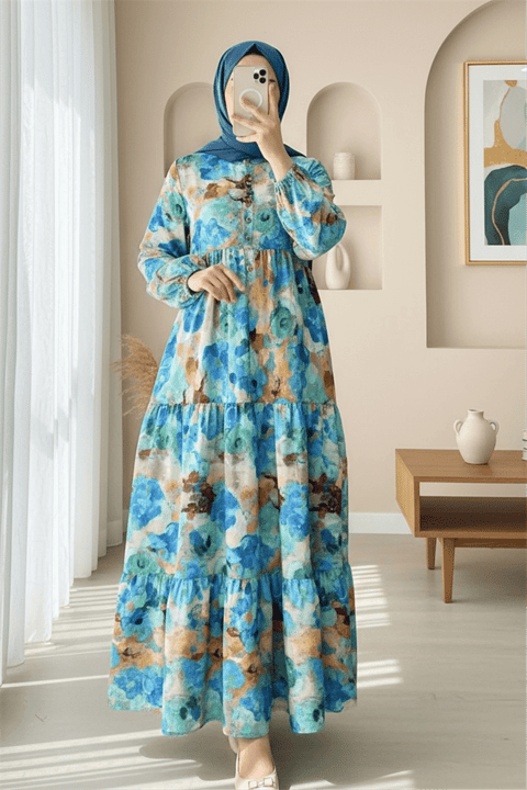 Karışık Desen Yarım Düğmeli Kolu Lastikli Elbise -Mavi-Elbise-197-67868-R31