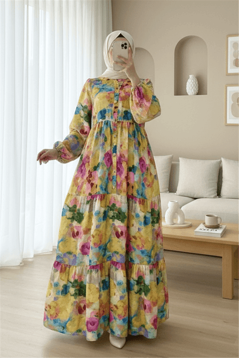 Karışık Desen Yarım Düğmeli Kolu Lastikli Elbise -Sarı-Elbise-197-67868-R22