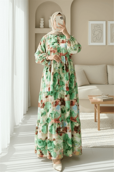 Karışık Desen Yarım Düğmeli Kolu Lastikli Elbise -Yeşil-Elbise-197-67868-R35