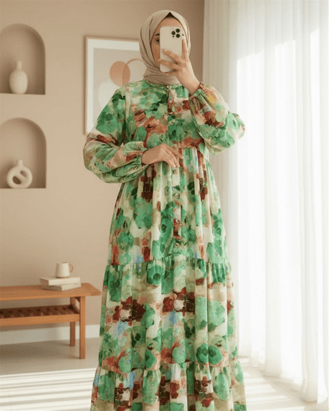 Karışık Desen Yarım Düğmeli Kolu Lastikli Elbise -Yeşil-Elbise-197-67868-R35