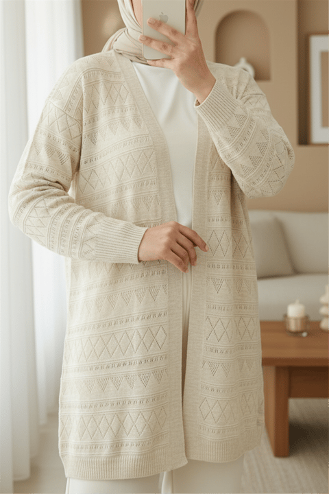 Karışık Desenli Ajurlu Triko Hırka  -Taş-Hırka-109-9881-R43